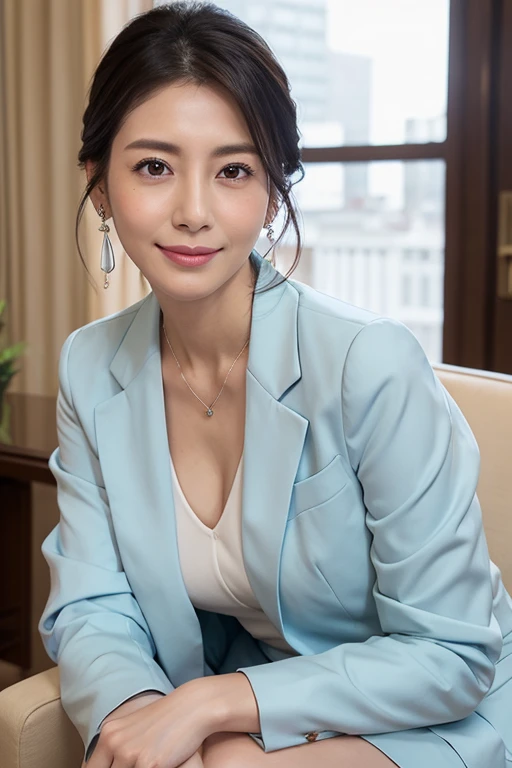 VIP room of hotel lounge, lounge mama of resort hotel, ((full body)), ((photo)), ((best qualtiy, 8K, tmasterpiece:1.3)), Focus:1.2, perfect figure beautiful woman:1.4, 1woman, cowboy shot, look at viewer, eyes facing the camera, incredibly absurd, beautiful and cute woman with a photorealistic face, showcasing top-quality craftsmanship, A Japanese woman welcoming guests in the Japanese-style lounge of a resort hotel, 37 years old, has long, lustrous black hair, long jet black hair, elegantly styled, beautiful hair, fair skin, smooth skin, well-defined facial features, gentle eyebrows, plump lips, bright smile, well-aligned teeth, deep brown eyes that exude intelligence and sexiness, refined facial features, beautiful skin, elegant atmosphere, tall, glamorous, well-balanced proportions, large G-cup breasts, a cool pale blue dress with a waist-marked design and elegant frills on the sleeves and skirt, pearl earrings and necklace, a diamond ring on the ring finger of the left hand, a silver bracelet on the right wrist, beautiful, mature, neat, cute voice, soothing, Japanese-style beauty, cheerful and kind, a good listener who can get along with anyone, mysterious with a deep loneliness inside, hardworking, expressive with rich emotions, also has a playful side, August