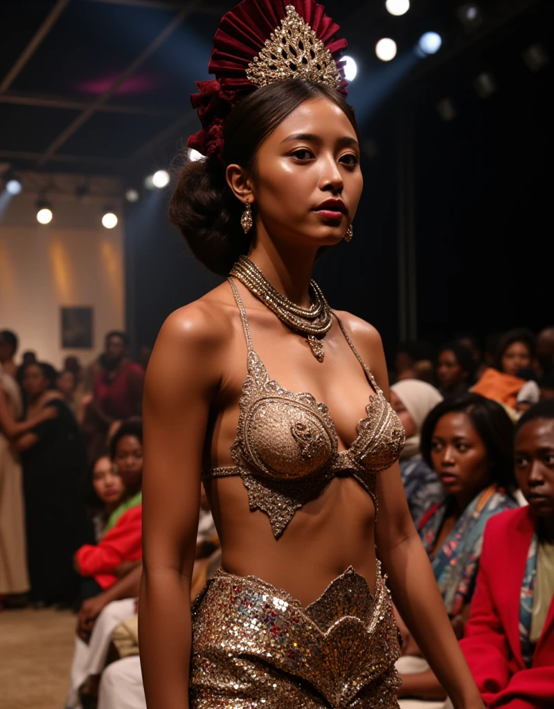 A high-fashion editorial shot of a statuesque Ghanaian model strutting down a runway in a dramatic, floor-length kente print gown with a thigh-high slit and intricate beaded embellishments