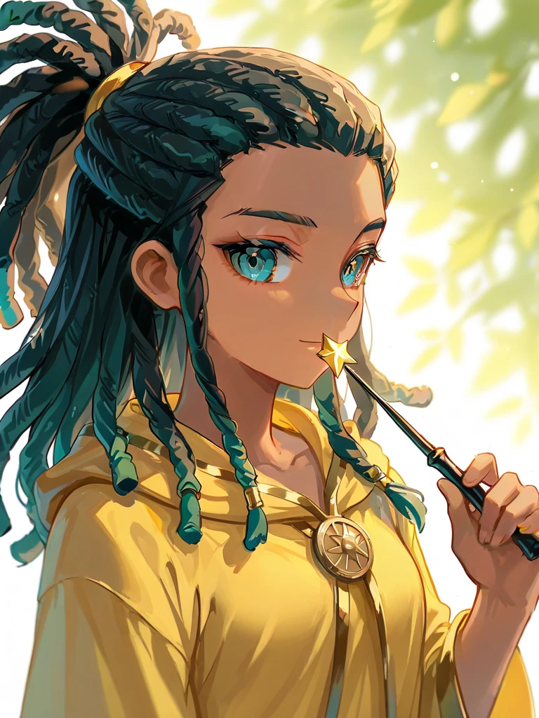 ((dark-skinned ((メスガキ ロリビッチ)) student)) with long braided hair sitting in a mystical bathhouse with her pretty feet in water kicking water while writing in her journal, wearing golden bracelets and anklets, wearing tattered fishnet stockings, ((glass rolling tray with cannabis sativa flower nugs and unfurled tea leaves next to her)), high quality photo, in the middle of the Tokyo cannabis forest behind her