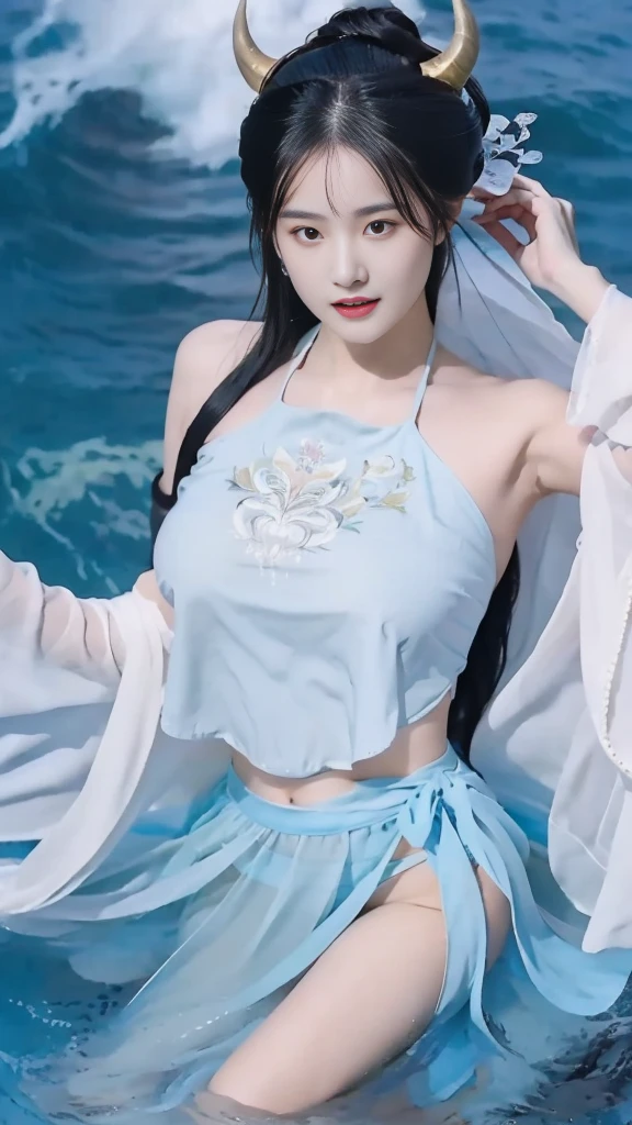 ＡＩBeauty、Shorter than chin length、With bangs、Braid、tiara、The perfect balance、ＧCup or more、Light blue T-back、Heart pattern、Erotic、Light blue hairstyle、Ocean Prompt、See-through、Face masks