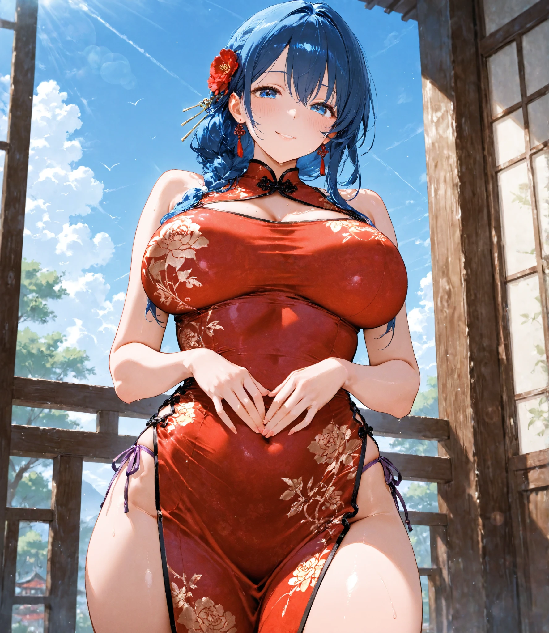 in 8K、top-quality、masutepiece、An ultra-high picture quality、ultra-detailliert、Ultra-realistic hair quality、anime illustrated、Ultra-realistic flesh feeling、full body Esbian、Bewitching look、Off-shoulder blue yukata、Beautuful Women、Beautiful long blue hair、poneyTail、Blue eyes、shinny skin、Very gigantic-breasts、Red lace bra with protruding chest、extremely big ass、The background is a Japanese-style room at night