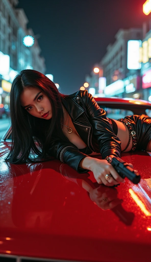 Focus on face, attractive Japanese female streetracer sitting on hood of car, sports car, open colourful race jacket, casual clothes, night time, street lights, road, looking up, big eyes, full lips, eyeliner wings, eye shadow, lip stick, ear ring hoops, choker, begging look, leaning forward,