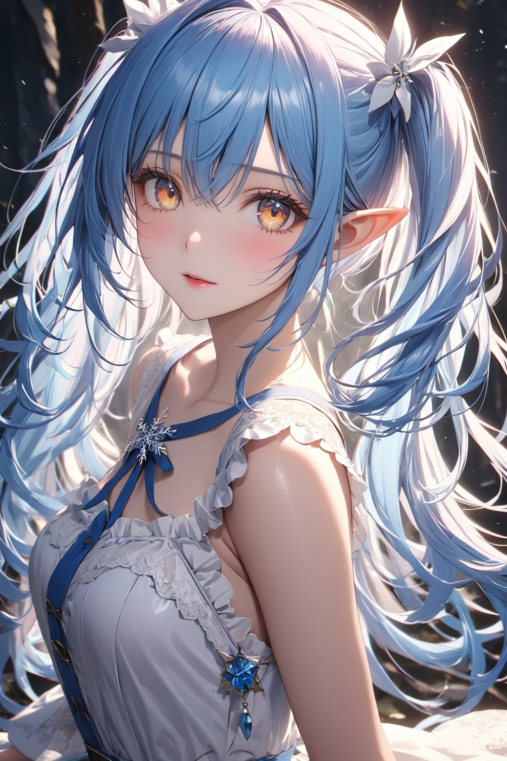 Light blue hair, Hair ribbon, Hairpin, maid headdress, Long, Slightly exposed pointed ears,, Anime style, , Chiaroscuro, Depth of field, , Glowing light,, hyper HD, A high resolution,red - eyed,huge tit,National style,ink and watercolor painting --auto