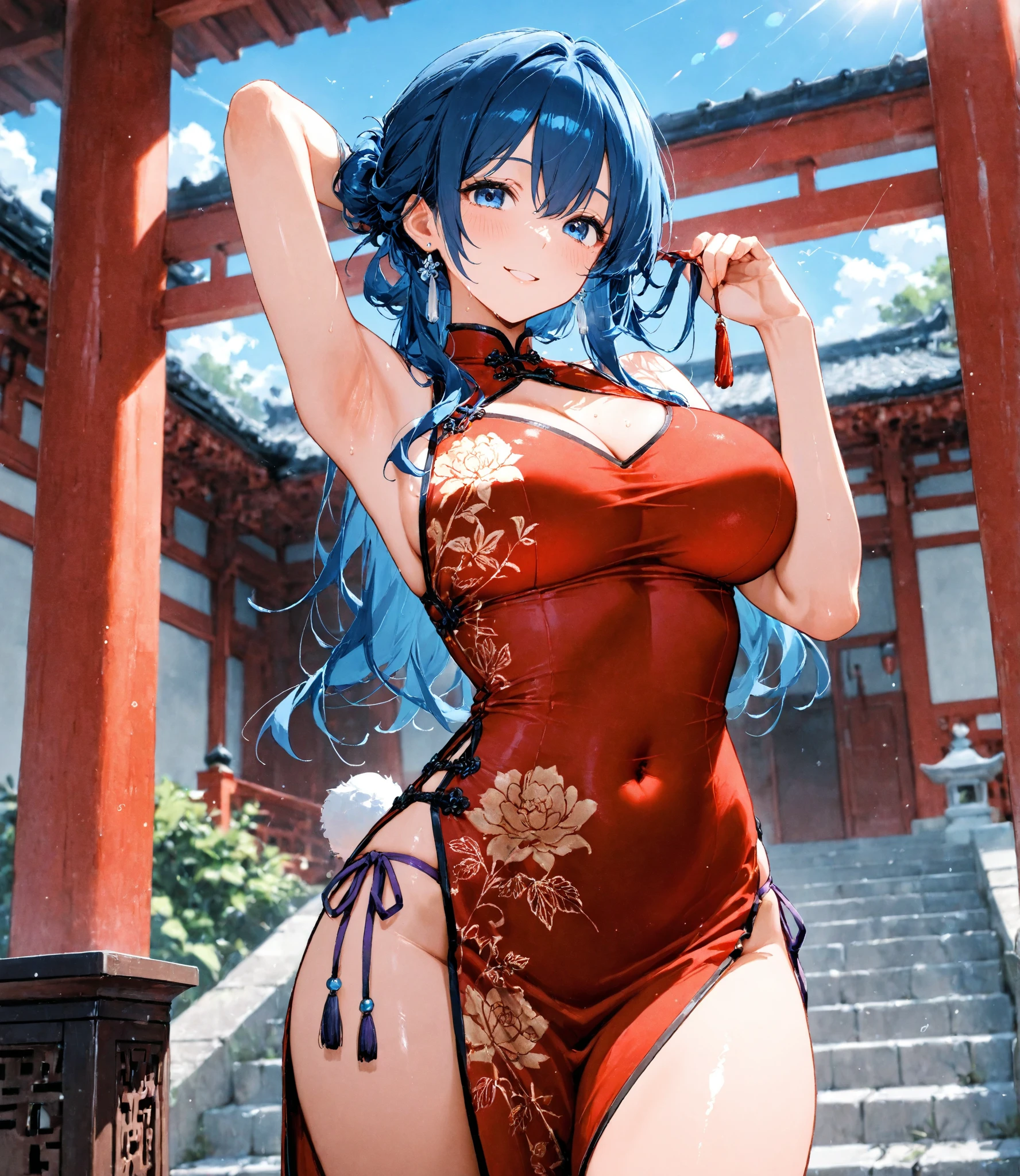 She is touching her clit in her Chinese dress、8k、、Highest quality、Tabletop、Ultra HD、Ultra-detailed、so beautiful、Ultra-detailed髪質、so beautiful、Portrait、Esbian all over、Captivating look、Beautiful woman、Long Blue Hair、blue eyes、Glowing Skin、bursting breasts、Very large breasts、Very big ass、Water droplets running down the skin、The background is a great night pool、naked、Excessive pubic hair growth