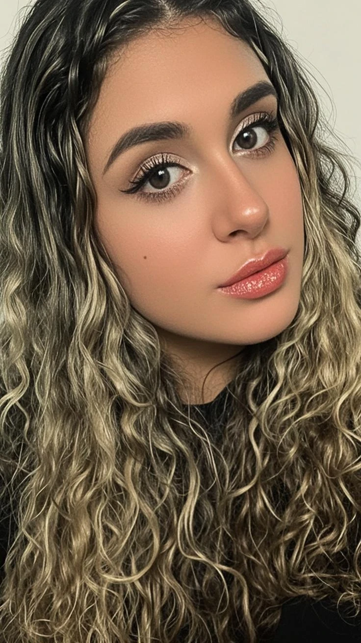Has a woman with a very large breast posing for a photo, curly blonde hair | d & d, silver curly hair, curly blond, white curly hair, curly hair, curly white hair, blonde curly hair, curly bangs, curly silver hair, with black and silver curly hair, profile image, inspired by Theo Constanté, messy curly hair, middle part curly haircut photo in 4k Ultra realistic minimum facial details