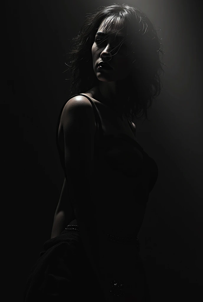 Film noir femme fatle,in the style of SIN CITY,bodysuit,variety of erotic poses,hair styled crimped hair,black and white photography,timeless elegance,classic aesthetic,dramatic contrasts,emphasizing shapes and textures,evoking nostalgia,focusing on light and shadow,monochromatic storytelling,capturing mood and emotion,artistic expression,minimalist compositions,conveying depth and atmosphere,timeless beauty,comic book art style,comics,dynamic lines,vibrant colors,expressive characters,action-packed composition,adds energy and excitement,nude,nsfw,Dutch Angle (from behind) view Extreme Close shot (focus on legs),21 year old,choker,muscular abs,highly detailed skin,medium natural breasts,photography by Hegre,minimalist photography,simplicity in composition,clean lines,uncluttered visuals,negative space,focusing on essential elements,conveying tranquility,understated beauty,elegant aesthetics,subtle storytelling,capturing the essence of minimalism, view from the front