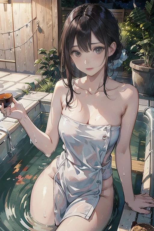 Front view:0.6. sexly, a woman with the body of a sexly asian in an asian bathtub with bubbling hot water, 1girl, solo, realistic, brown hair, breasts