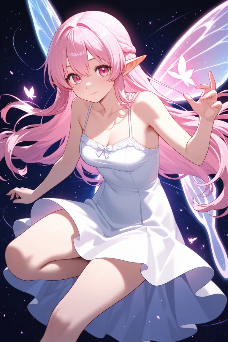 complex background, wishing star background, a woman wearing an ethereal mystical pink translucent dress that reflects the stars, dreamy, peaceful, serene composition, glowing stars, glowing, mystic, complex drawing, highly detailed, ethereal, starry night, midjourney style