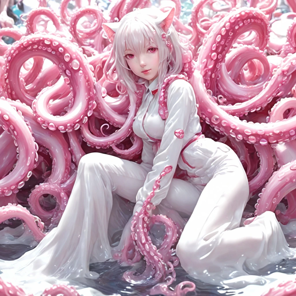 woman、20-year-old、((ocean))、white tight bodysuit、(Makoto Harada)、open mouth smile、(((See-through)))(((Full of octopuses)))((Octopus tentacle roll)Around the body))((blush))(((wet with sweat)))(((octopus rider)))squat down and spread your legs
