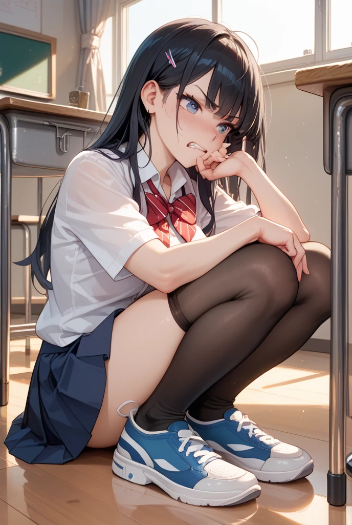 (best quality,4k,8k,highres,masterpiece:1.2),ultra-detailed,(realistic,photorealistic,photo-realistic:1.37),HDR,UHD,studio lighting,ultra-fine painting,sharp focus,physically-based rendering,extreme detail description,professional,vivid colors,bokeh,portraits,anime,photography,pink tones,warm lighting 1girl, solo, detailed eyes, detailed lips, extremely detailed eyes and face, long eyelashes, long dark blue hair in a ponytail with side bangs, small , in an oversized anime T-shirt, blue booty shorts, long socks, sneakers, sitting at a computer desk, headphones on head, smiling