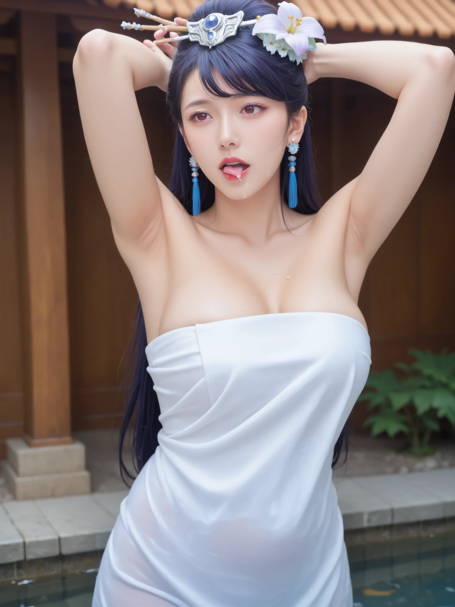 wet skin,Bath towel,(shy look,open your mouth,Stick out your tongue),(Show me your armpits),(drool),Source_reality, masterpiece, 最高Quality, 驚くべきQuality, high res photos, photo-realityistic, 8k, raw photo, Highly detailed, complicated details, Show me your armpits,long hair, PURPLE EYES, purple hair, Flower, earring, hair Flower, make up, lipstick,Hot Springs,is watching viewers, Dutch angle, cowboy shot,(solo), Princess Ewha,Rika Watching, Quality_masterpiece, anatomically accurate, beautiful face, with a perfect face, Highly detailedbeautiful faceと目, Attractive Face, Detailed face, delicate face, sexy, show me, Mature Woman, Mature Woman, white skin, ((red eyes)), long hair, ((dark blue hair with coke)), Amazingly Slim Body , Female Curves, wide hips, Big breasts, thighs, sexyフラットなお腹, from before,