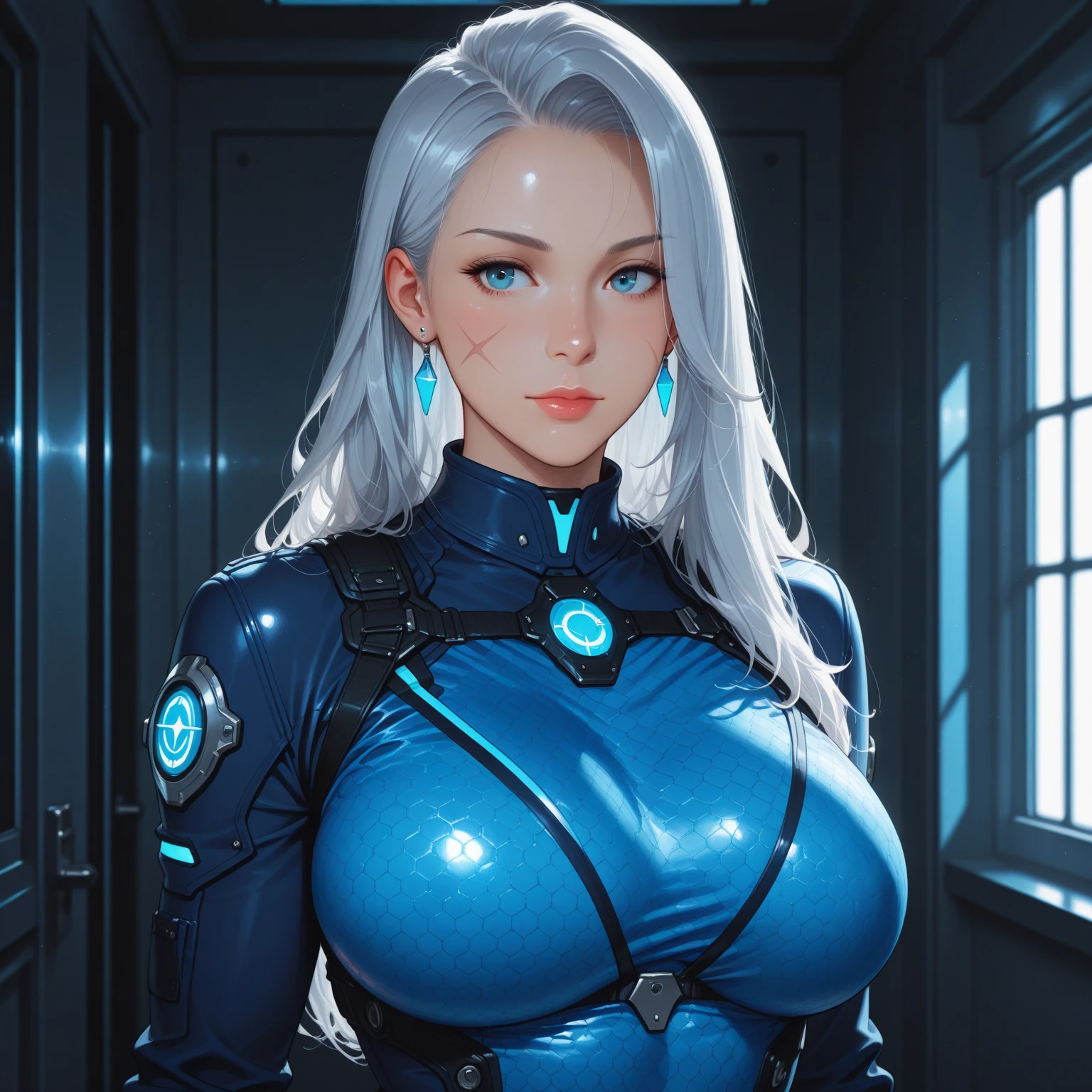 (masterpiece), best quality, expressive eyes, perfect face, beautiful details face, beautiful round eyes, upper body, A beautiful mature woman in cyber armour suit shows her Extremely busty and attractive breasts, (light smile), (midnight blue hair), glowing hair, multicolored hair, (short bob hair, shiny hair, gradient hair, colored inner hair, (short straight hair), medium short hair), fair skin, (beautiful detailed full bodysuit:1.3), full body cyber armour, glowing and shining armor, silver and blue cyber armour,(Edge lights:1.3), (silver and blue colour scheme:1.3), neon light on Armor, beautiful details eyes, (midnight blue eyes:1.2), (glowing eyes:1.2), hair ornament, (Gigantic saggy breasts:1.8), thick body, (well accentuated curves), pink lips, (silver nails), mascara, Long eyelashes, eyeliner, (Extremely wide well defined hips:1.5), (beautiful massive thick muscular thighs:1.3), has a tall slender figure, (Extremely detailed skin texture:1.1), beautiful detailed realistic muscle definition, golden fireflies that shimmer, high detailed eyes, ultra-high quality model, proportionate, intense colouration fantasy, (background Spiral galaxy), beautiful background, gold and silver tetradic colours, earrings, (1girl), solo,