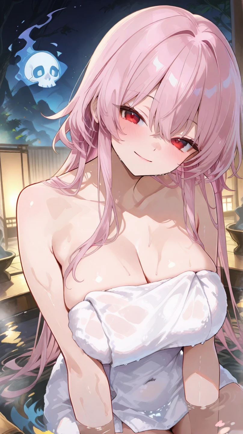 1girl,medium breasts, mainzonsen, indoors,(arms behind back),see-through,blush,light smile, wet,water, leaning forward, light frown, onsen,steam,open shirts,pussy,nipple,bukkake