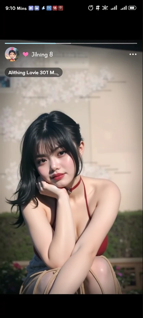 araffe woman in a red shirt posing for a photo, elegant glamor pose, elegant pose, doing an elegant pose, Asian, Japanese woman, boobies, neckleace, tattoo on right arm, blue eye makeup, outlined, shorth hair, Bblack hair, detailed hair