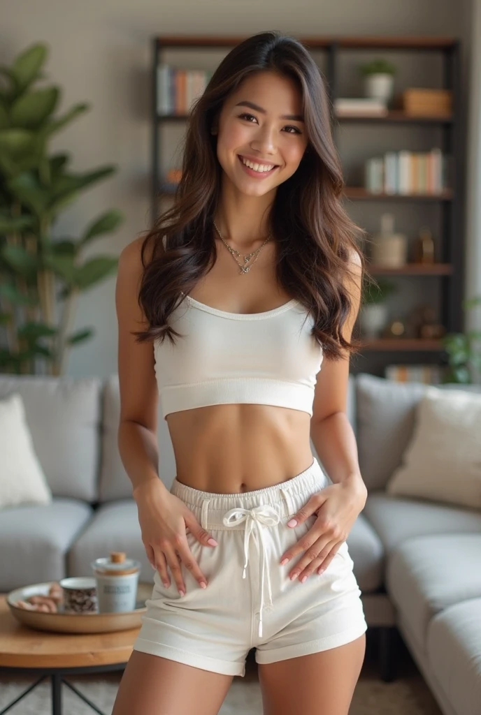 ((morning, highest quality, 8k)), whole body, Long legs, Beautiful woman with perfect figure, Slim Abs, ((Dark brown hair, Medium chest)), ( フルヌードボディーのwhole bodyショット), ((coffee shop)), Highly detailed face and skin texture, Fine grain