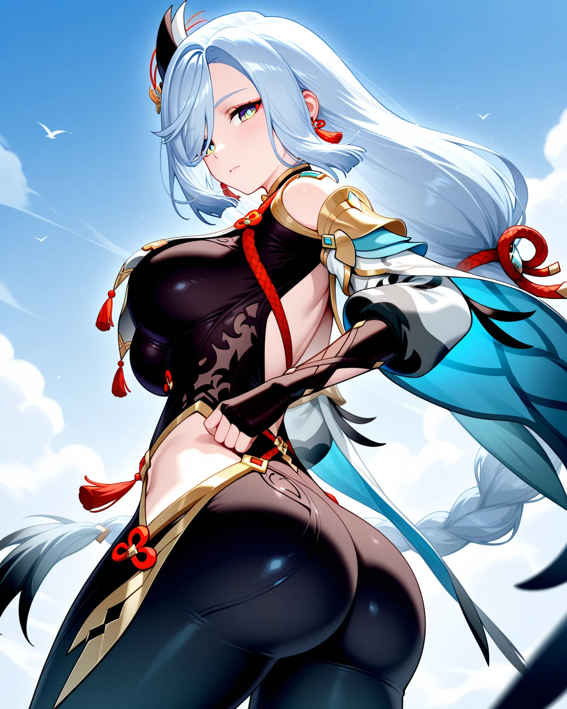 shenhe(genshin impact), oil painting, ((topless)), nsfw, masterpiece, liyue, moonlight, pond, waterfall, enchanted, firefiles, luminous grass, 1 girl, erect nipples, intricately detailed, navel, bare shoulders, white hair, one eye covered, choker, flower hair ornament, scenery, extremely detailed, bare breasts, puffy nipples, light purple eyes, bare stomach, soaked, large breasts, arm strap, soft eyes, armpit, sweaty, half open eyes, lusty eyes, blushing, tied hair, 1 ear visible, side bangs, sleepy eyes, large nipples, lifeless eyes, full body, loin cloth, scenery, huge nipples, half opened mouth, dynamic pose, wielding a spear, leg raised, standing, stockings, red tassel earrings, cowboy shot, maple leaves, maple tree, chinese dress