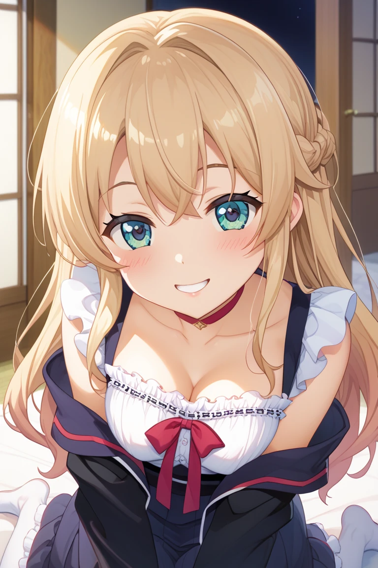 ((masterpiece)),(best quality),official art,extremely detailed CG,unity 8k wallpaper,ultra detailed,beautiful detailed eyes,extremely detailed face,classroom,1girl,solo,upper body,(portrait:1.5),looking at viewer,facing viewer,smile,chocolat (noucome),mini top hat,red hat,ahoge,long hair,blonde hair,sidelocks,bangs,blue eyes,ribbon-trimmed_bow,off shoulder,cleavage,medium breasts,red dress,frills dress,detached sleeves,puffy detached sleeves,white wrist cuffs,striped thighhighs,brown boots,<lora:Chocolat(noucome)>,