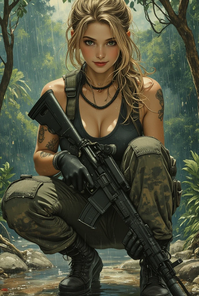 female soldier in steampunk look, with assault rifle in hand, blonde hair, Jungle Background