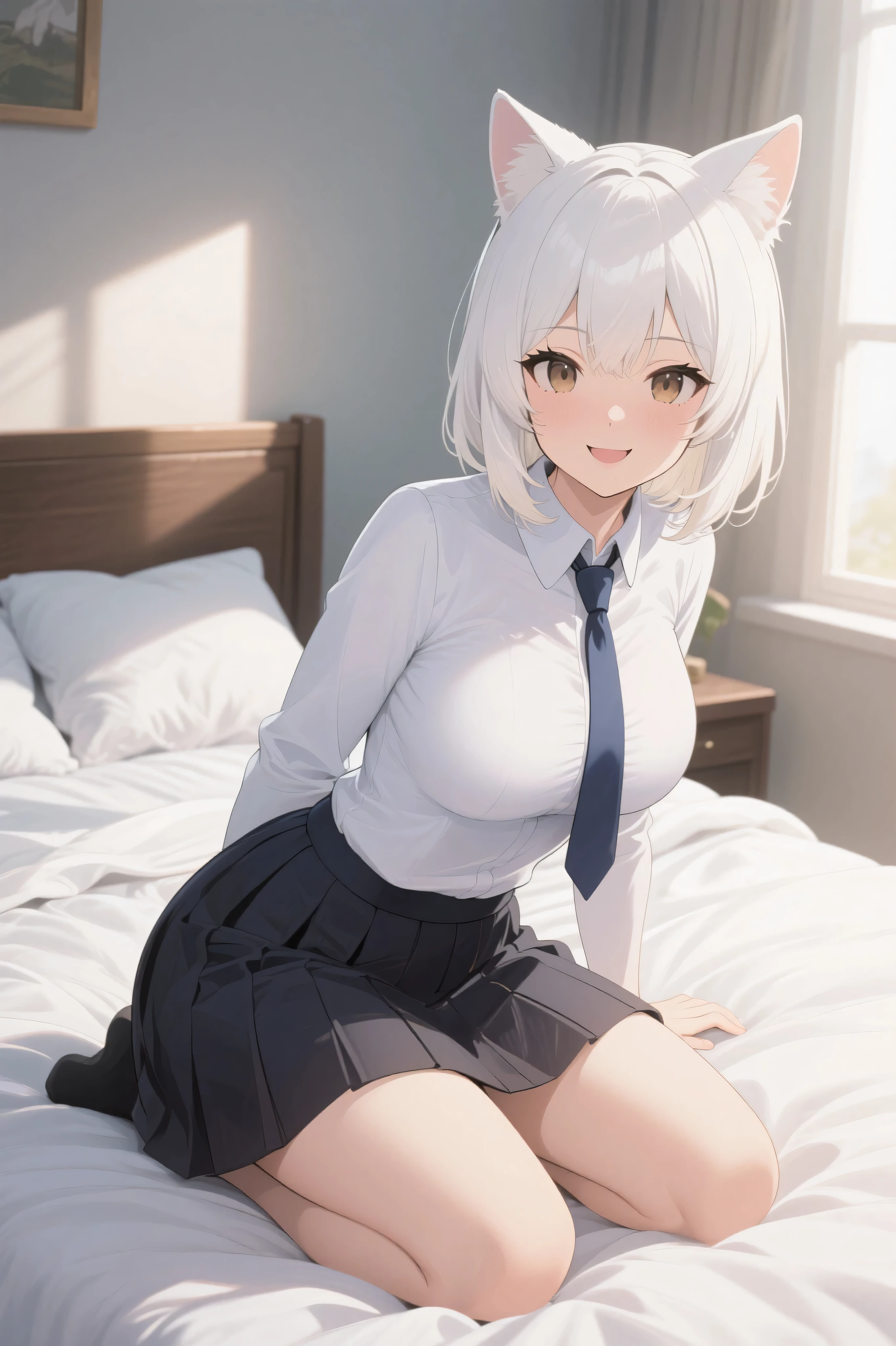 anime-style illustration, clean cel-shaded 2.5D rendering, bright soft morning bedroom light, cozy anime-style room with fluffy white bedding, low-angle shot from bed level, (((a busty but firm-chested cat-eared anime woman resembling Y'shtola:1.6))), toned yet curvy figure, white-blonde bob haircut, long white cat ears only, ((no visible human ears:2.2)), wearing a snug anime-style school uniform, crisp pleated skirt, fitted blouse gently hugging her large but perky breasts, blouse slightly stretched but not exaggerated, loosely tied necktie, kneeling on bed and leaning close to the viewer's face, gentle smile and slightly teasing eyes, her chest close but held with poise, soft sunlight creating warm shadows, playful and affectionate morning energy, no text, no frame, no UI