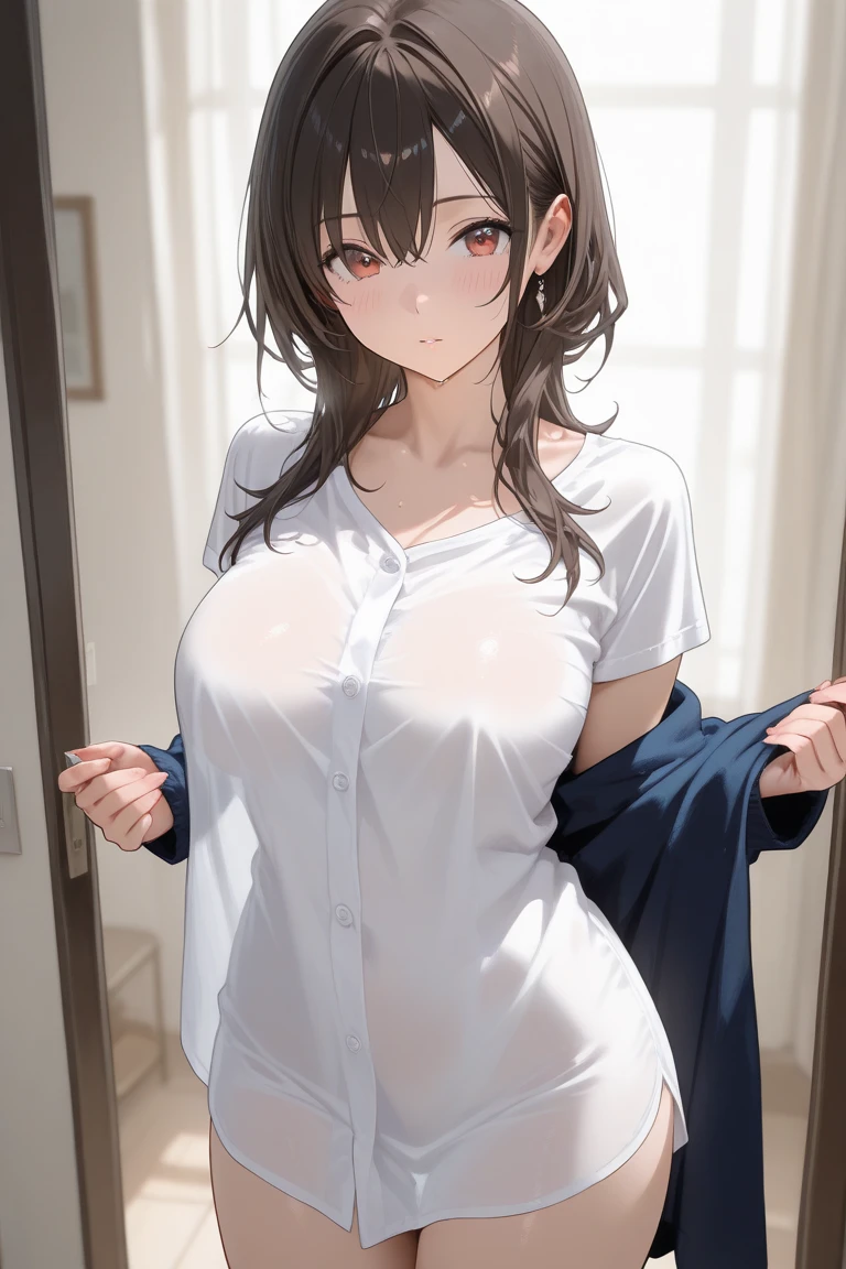 4K, (masterpiece), Highest quality,  2D, ((Browsing Caution)), (Teen Anime School), (Unbuttoned shirt), (Small breasts), Nipples, Long brown hair, blue eyes, smile, Full Height, Clear Eyes, Black eyelashes, (Intricately detailed), dramatic, Makoto Shinkai, Trending on CGSociety