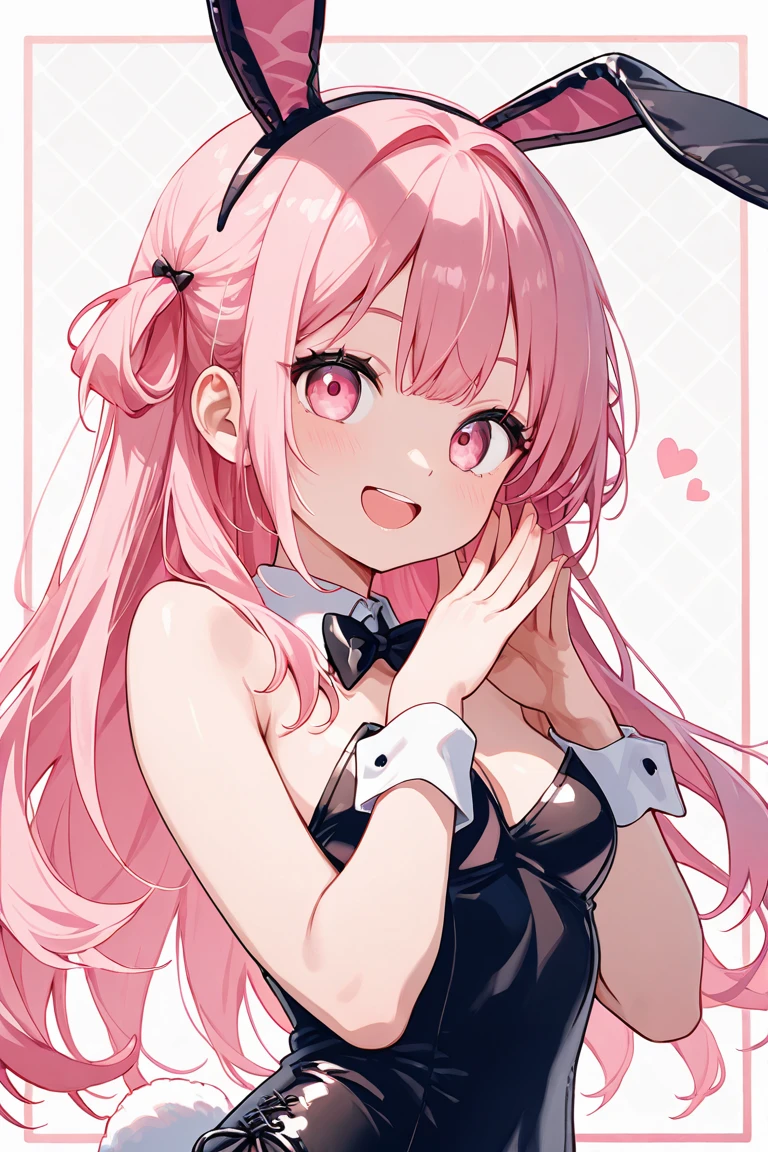 (8K、Top image quality、top-quality、​masterpiece)、1 loli、Pink hair long hair、Twin-tailed、light blue  eyes、evilsmile、show the grinps、Smaller chest、playboy bunny、heart hands、cowboy  shot、casino background