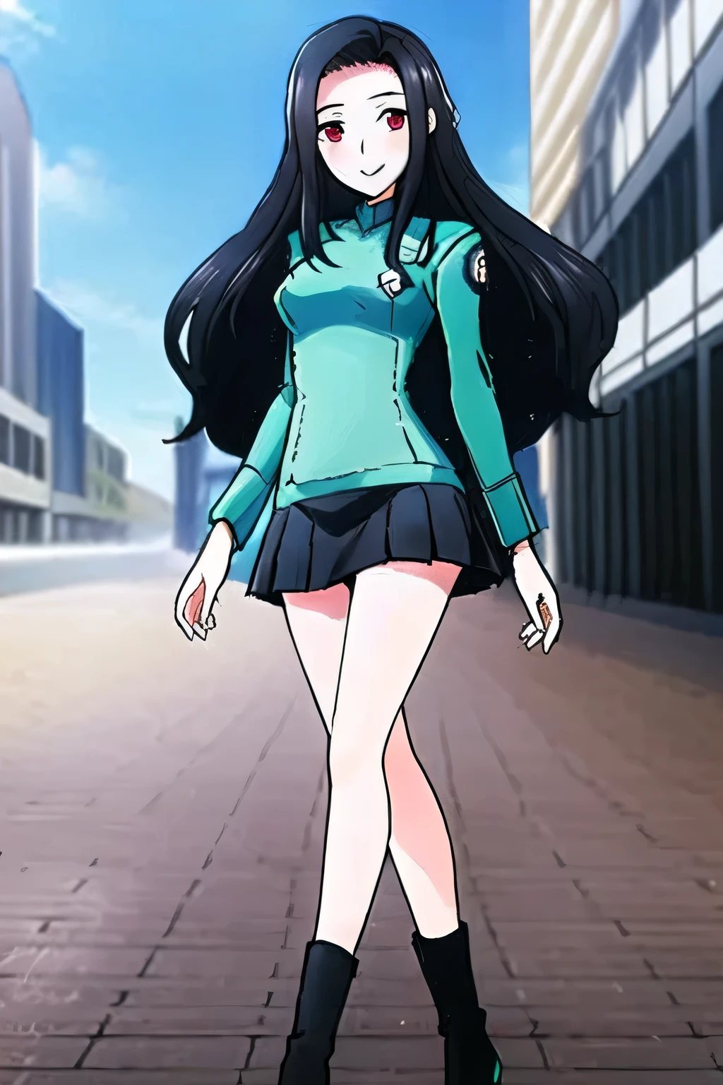 dark long-haired woman sightseeing in the city,wearing miniskirt police uniform,,A woman with a lovely smile,sleeveless sweater,pleated miniskirt,high heels,Please draw a,face is absolutely necessary,Accurate representation of hands and legs,