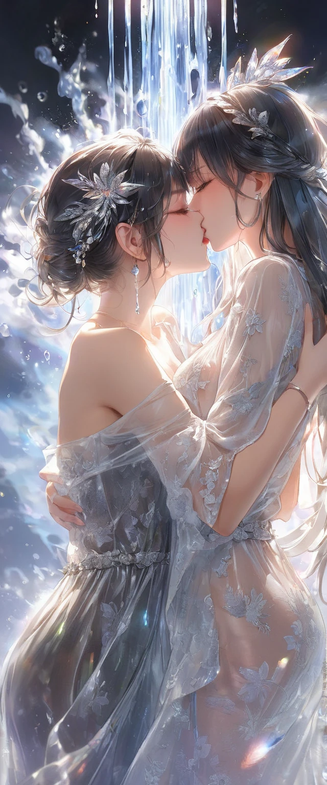 breast curtains, Porcelain dress, Areola transparent slip dress, (best qualityer:1.0), (8k wallpaper:1.0), Extremely Delicately Beautiful, (Beautiful detail face:1.0), (Detailed deep eyes), Symmetrical breasts, Deep eyes, steamy, shiny skins,(Tongue out:1.2),Scared:1.3,(Looking up),Bedroom at night,necklace,Messy clothes, (Cry: 0.7), Open mouth, saliva, throat, tongue sticking, hanging pulation, Invitation to, Inside the mouth, two girls, laying on a bed, mermaid, mermaid tail (Detailed Mermaid Tail: 2.0), lower body is fishtail, tail with fish scales, jewel-like eye (eye detail), bangs, long curly hair, sparkling, pearl jewelry, flowers, beautiful face, blue eyes, shell, shimmering white, lesbian, lesbian intercourse, lesbian kiss, kissing, fingering, rubbing, blushing, intimate moment, breast pressing, kissing with tongue, nipple stimulation, embarrassed, drooling, saliva, nervous, laying down, transparent, short skirt, white color, black hair, white hair, white fishtail, purple fishtail, orgasm, beautiful fishtail, transparent fins, pleasuring each other, visible mermaid tail, cuddling with each other, hugging each other, laying on top of each other.