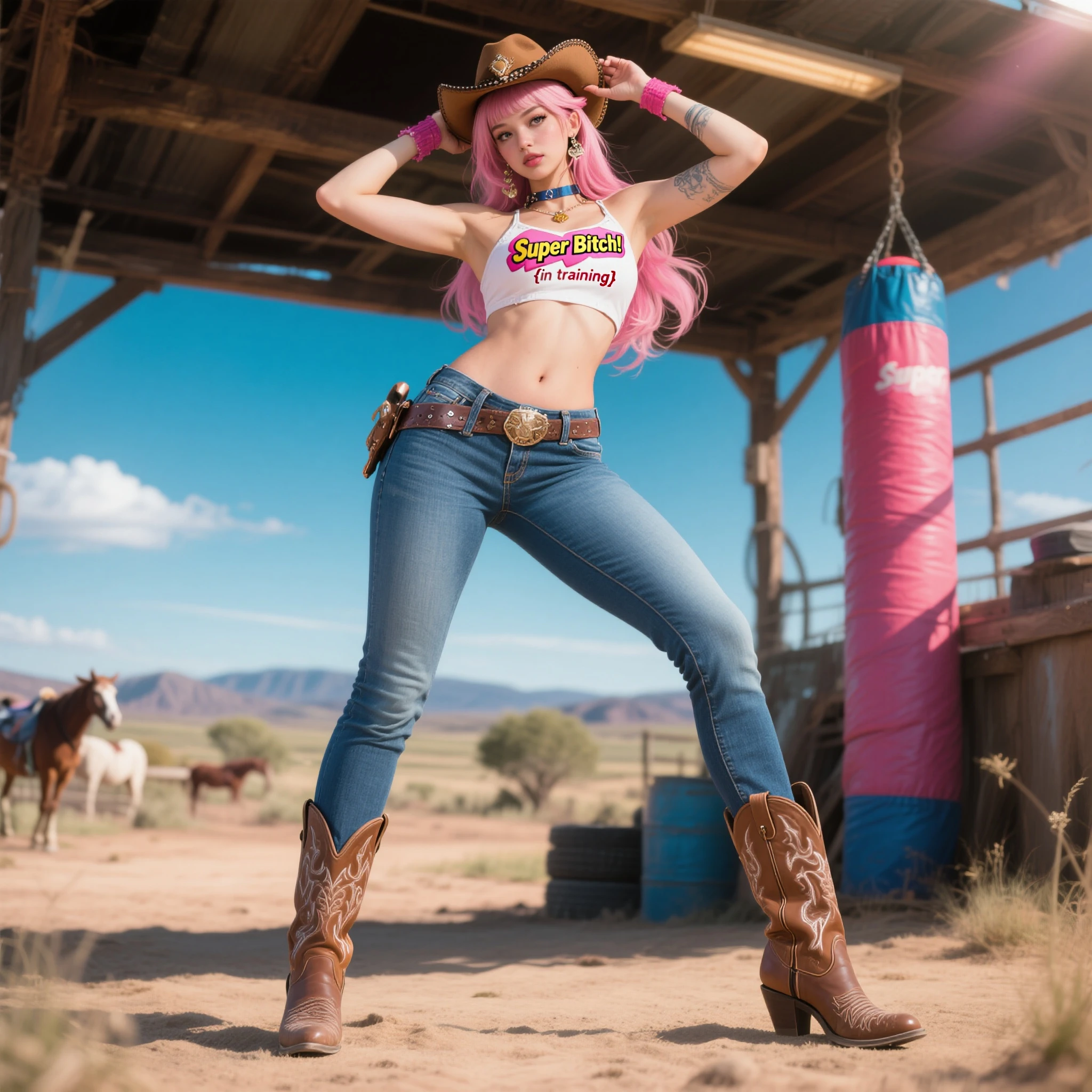 4k ultra hd, Master Meese, best quality, girl with, beautiful face, detailed eyes, Detailed lips, pink hair, short hair, Wearing cowboy costume, bare midriff, leather jacket, cowboy hat, blurred background, morning, Capture of the whole body,