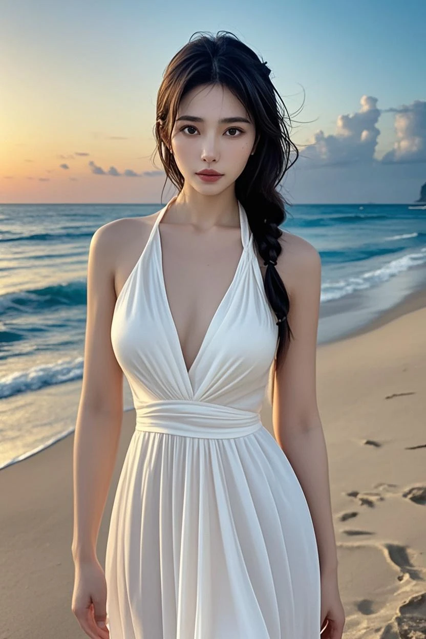 1.Best quality ,Masterpiece, illustration, An extremely delicate and beautiful, Extremely detailed,Best quality, offcial art, Extremely detailed Cg Unity 8K wallpaper, absurderes, hugefilesize , Ultra-detailed, A high resolution ,1girll,Beach photography by the sea,the sea,sandbeach,Positive focus。full bodyesbian;1.5,Twist braids,one piece swimsuit,Openwork lace,short skirt