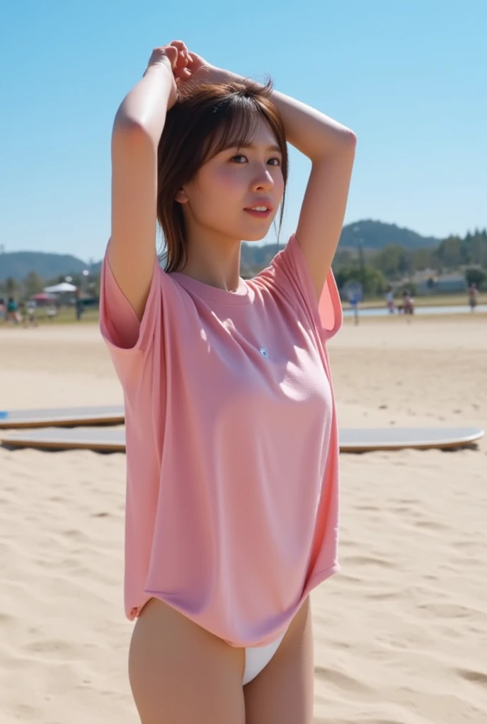 1fullbody girl, highest quality, figure, super detailed, smooth, High resolution, 8k wallpaper, Figure with perfect dynamic composition, sexy pose, sexy pose, beautiful skin, Big eyes that shine like jewels, (14 year old beautiful girl: 1.6) , natural colored lips, cute radiant pose, full body photo display, 14 year old girl, naughty boy, pretty face, big breasts, cute, full of elegance, white skin, has decorations in her hair, random clothes color, luxurious woman wallet, luxurious details, light smile, sweet smile, open-handed miniskirt, exposed panties, elegance and softness, blue sea, clear sky, beachside location, beach sand,  great lighting, yellow, green, red, black, pink, full color, ferfect light,