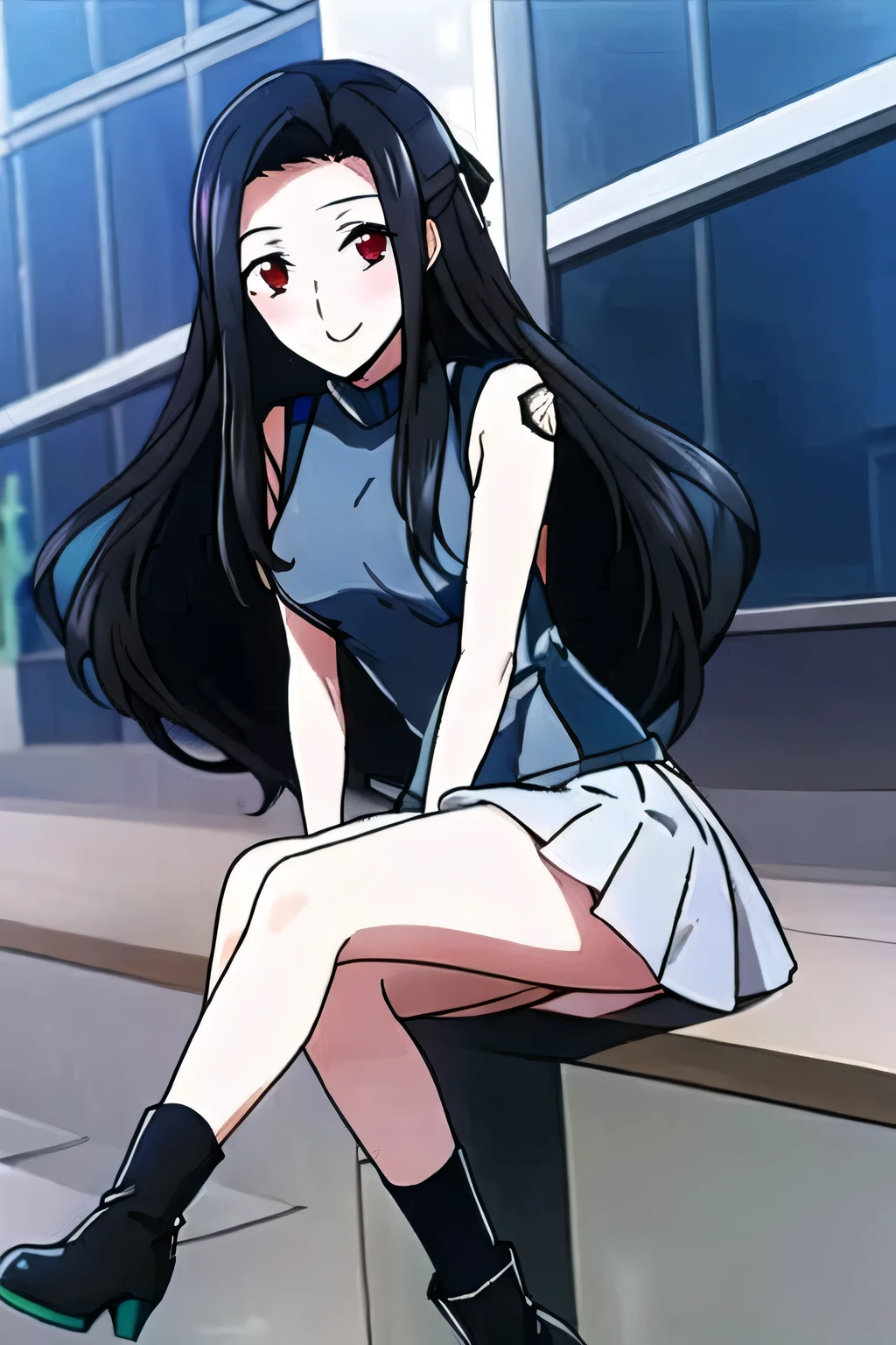 more delicately,Please draw the expression on the face of a woman with long black hair sightseeing in the city,miniskirt wearing a police uniform,, beautiful smiling woman ,sleeveless sweater,pleated miniskirt,high heels,please draw,face is absolutely necessary,Accurate representation of hands and legs,