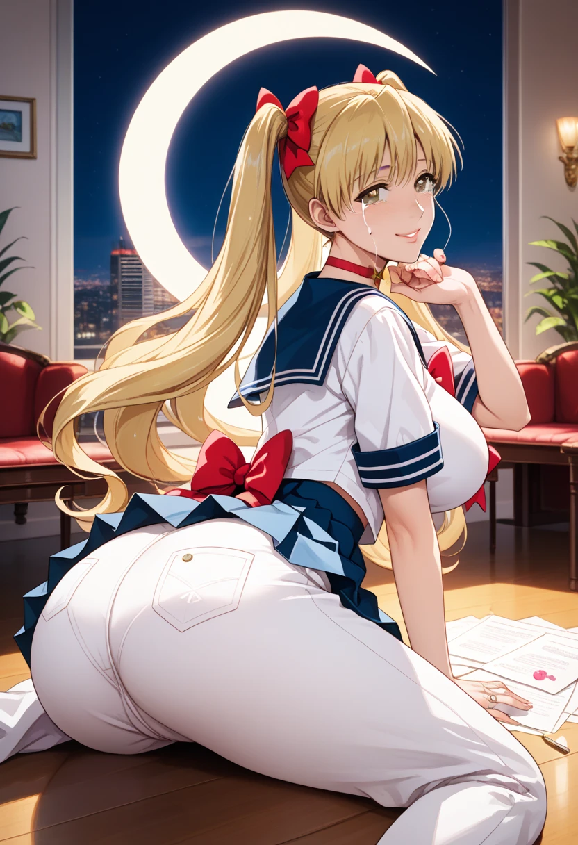 Highest quality、masterpiece、high resolution、8k、High resolution(((Spread your legs、Big Breasts)))、Sailor Warrior Uniformini skirt、Beautiful beauty、Long golden hair、((whole body、Thigh-high boots))、(((Photo taken from below)))、School、classroom、pantiesは黒のレース、Sailor Moon、tall、Model-like body、slender、Long limbs、tall、Big Breasts、I can see the butt print,panties、short thin wire is drawn inside the pussy, short, A thin thread is inserted into the vagina, Huge Ass,  Huge Ass, Outrageous ass, Big Ass, Big Ass, Huge Ass, Huge Ass, Outrageous ass, Big Ass,Big Ass、Huge Ass、Huge Ass、Outrageous ass、butt gets bigger、Big Ass、Huge Ass、Huge Ass、Outrageous ass、butt gets bigger、お尻にpantiesが食い込んでる、レースのpanties、Underwear only、One hand on her hip、Her hairstyle is twin tails.、Thigh-high boots、Tsukino Usagi