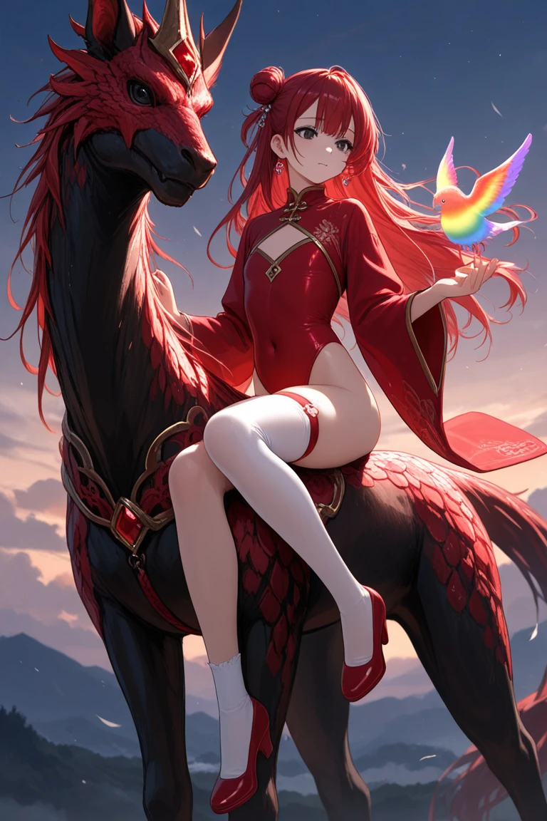 8k, best quality, masterpiece, clear, professional lighting, beautiful face, 1girl, solo, long hair, long sleeves, hair ornament, jewelry, thighs, earrings, red hair, Flat Chest、shoes, wide sleeves, white thighhighs, black eyes, thigh strap, covered navel, single hair bun, red footwear, single thighhigh, highleg leotard, single side bun, red leotard、sky, Fantastic creatures, riding creatures, flying creatures, rainbows, crossing rainbows,