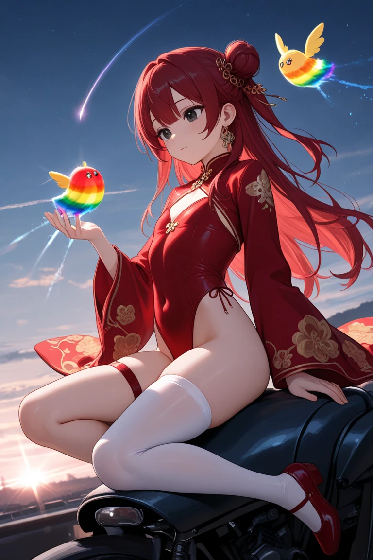 8k, best quality, masterpiece, clear, professional lighting, beautiful face, 1girl, solo, long hair, long sleeves, hair ornament, jewelry, thighs, earrings, red hair, Flat Chest、shoes, wide sleeves, white thighhighs, black eyes, thigh strap, covered navel, single hair bun, red footwear, single thighhigh, highleg leotard, single side bun, red leotard、sky, Fantastic creatures, riding creatures, flying creatures, rainbows, crossing rainbows,