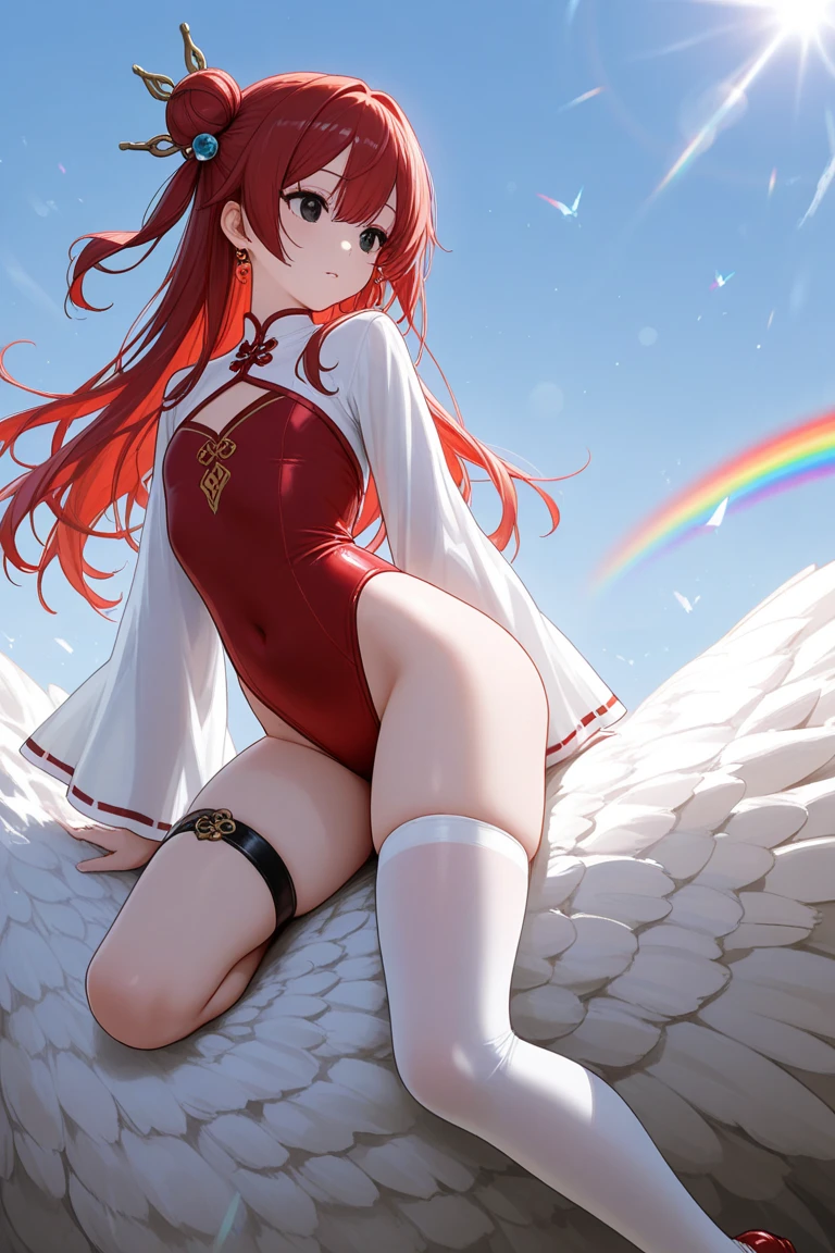 8k, best quality, masterpiece, clear, professional lighting, beautiful face, 1girl, solo, long hair, long sleeves, hair ornament, jewelry, thighs, earrings, red hair, Flat Chest、shoes, wide sleeves, white thighhighs, black eyes, thigh strap, covered navel, single hair bun, red footwear, single thighhigh, highleg leotard, single side bun, red leotard、sky, Fantastic creatures, riding creatures, flying creatures, rainbows, crossing rainbows,