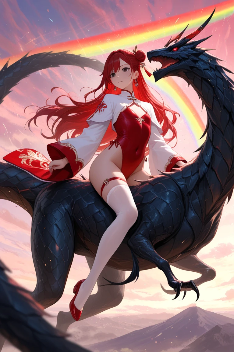 8k, best quality, masterpiece, clear, professional lighting, beautiful face, 1girl, solo, long hair, long sleeves, hair ornament, jewelry, thighs, earrings, red hair, Flat Chest、shoes, wide sleeves, white thighhighs, black eyes, thigh strap, covered navel, single hair bun, red footwear, single thighhigh, highleg leotard, single side bun, red leotard、sky, Fantastic creatures, riding creatures, flying creatures, rainbows, crossing rainbows,