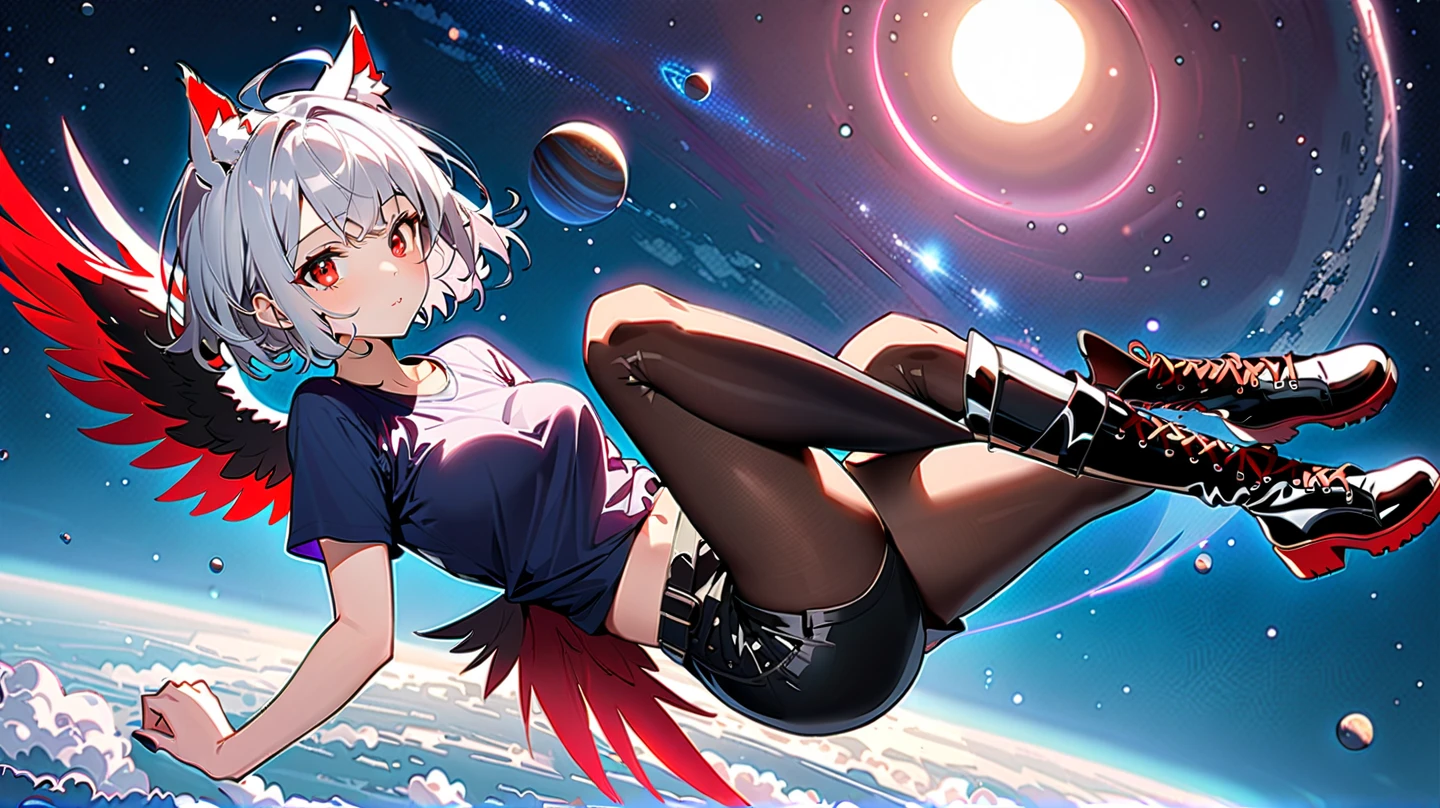 sleeves past wrists, sleeves past fingers, braid, Long sleeves, single leg pantyhose, yellow ascot, ascot, Black footwear, Dress, Metal collar, long boots, Black Dress, Collar, pantyhose, single thighhigh,Evil smile,sitting on the ground and looking at the planet, Cyberspace, inspired by Josan Gonzalez, Makoto Shinkai ( Apex Legends ), Akira Art Style, Ross Tran Stil, Akira-Vibes, Akira Art Style, floating next to planets, josan gonzales, Sci-Fi Art!!!!!!!, josan gonzales!!!, in space, Moderner Sci-Fi-Anime