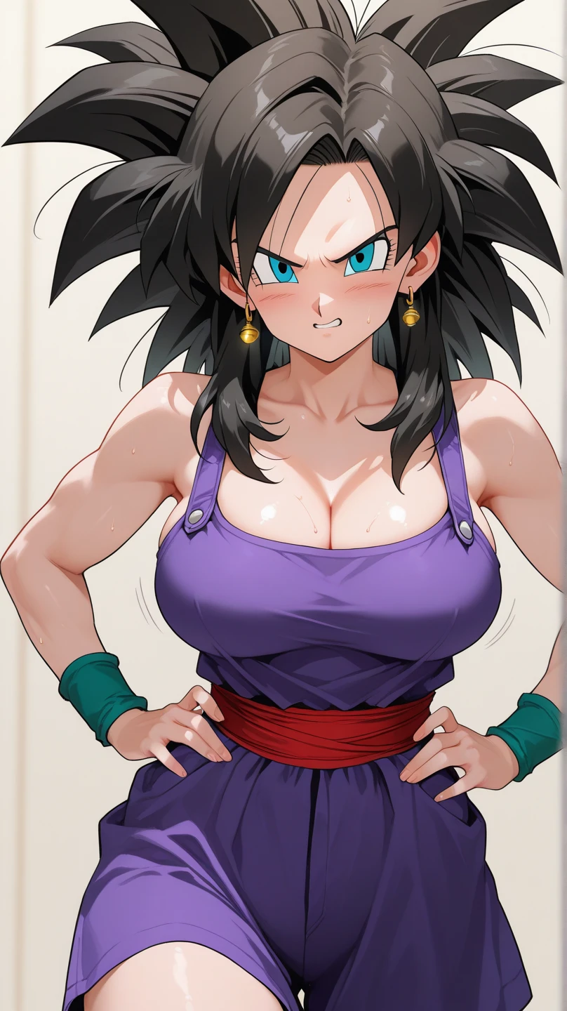 masterpiece, caulifla, black hair, spiked hair, black eyes, , , looking at viewer, , smile, , , , , huge breasts , black bed , massive round breasts , purple baggy pants , black curtains , blushing , super round breasts , red blushing , small muscles , black room , massive round breasts , teeth , curvey body , six pack , gripping breasts , sitting on bed