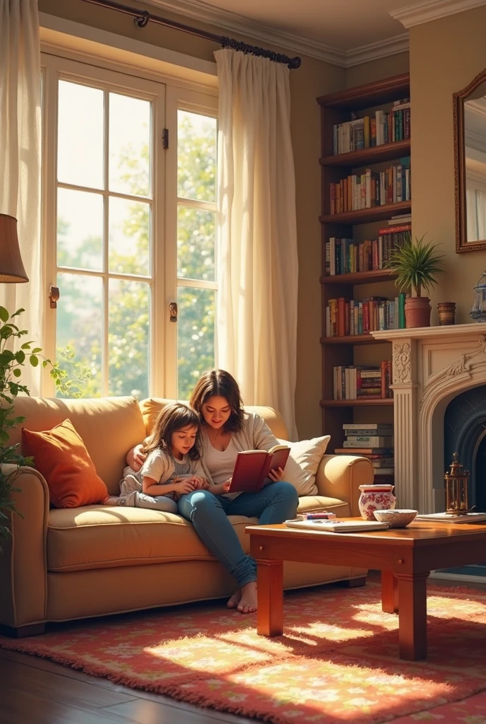 Mom and daughter talk warmly, Mom wears a casual T-shirt and shorts, Sit comfortably in a comfortable family room in a quiet morning. Daughter sitting on the sofa, Mom sits gracefully on the floor. Soft sunlight illuminates the room, Create a warm and perfect anime style atmosphere, The touch of the end of the world. The ultra-wide-angle lens captures the entire scene, Show their laughter and camaraderie. Joke, They hold books as humorous props, Give this moment an unexpected twist. Perfect coloring backgrounds and epic movie backgrounds enhance the charm of this warm interaction. Hand-drawn illustrations give them very detailed characters, Highlight their expressions,Because they enjoy each other's company. The perfect composition of the scene shows the cozy atmosphere of the room, Surrounded by an optimized color palette,Produces a soothing spray effect. Illuminated lighting elegantly enhances clarity and shadows, Emphasize the natural lighting of the lighting,Bathe the room in warmth. The combination of dark and bright colors harmonizes and balances, Supplemented by a combination of thin and thick lines,Add an artistic touch to your images. This heartwarming scene,What a masterpiece, Capture the essence of friendship and comfort in the best quality. Clear focus brings perfect anatomy for mom and daughter, The photo is centered to show its connections, Ready to enjoy in 4K resolution.