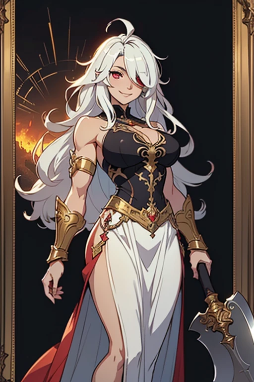 long white hair, red pupils, mole, jewelry, blushing, cute, smug, smile, rolling eyes, golden jewelry, red dress, goat horn, weapon, trident