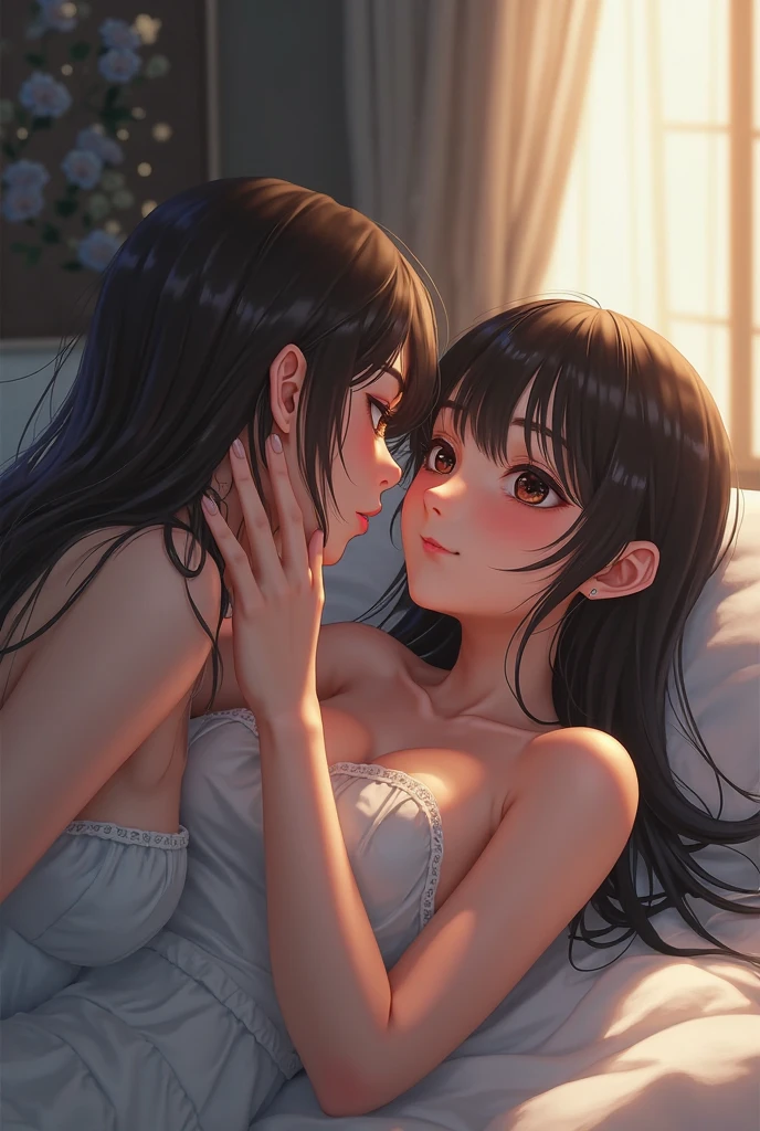 The two girls hugged each other. Kiss each other face to face. Grasp each other's breasts with your hands. perfect body, {{}}, {perfect body}, {delicate face}, {{best quality}}}, {{super detailed}}, {{masterpiece}}, {{best quality}}}, {{super detailed}}, {{illustration}}, {{messy hair}}}, {{messy hair}}}, clear facial features, clear skin features, clear areola, lace, black lace, ahegao, realism, realism, neorealism, octane rendering, corona rendering, UE4, high detail, super high quality, high resolution, 8K trend in art station, HD, hyper-realism, telephoto lens, chest lens (MCU), first-person view, cinematic lighting, -imagination-