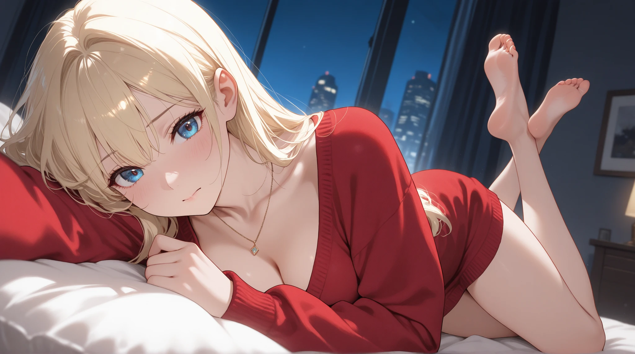 (masterpiece, best quality:1.5), ((Extremely detailed)), high resolution,Anime style,(Beautiful blonde woman, lying on the bed, red sweater, comfortable posture, perfect figure:1.3)