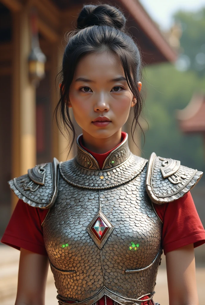 Artwork of sexy mongole asian warrior girl, nomade, steppe warrior, mongolian leather lamellar and fur armor, horse, braids, by Ken Mortensen