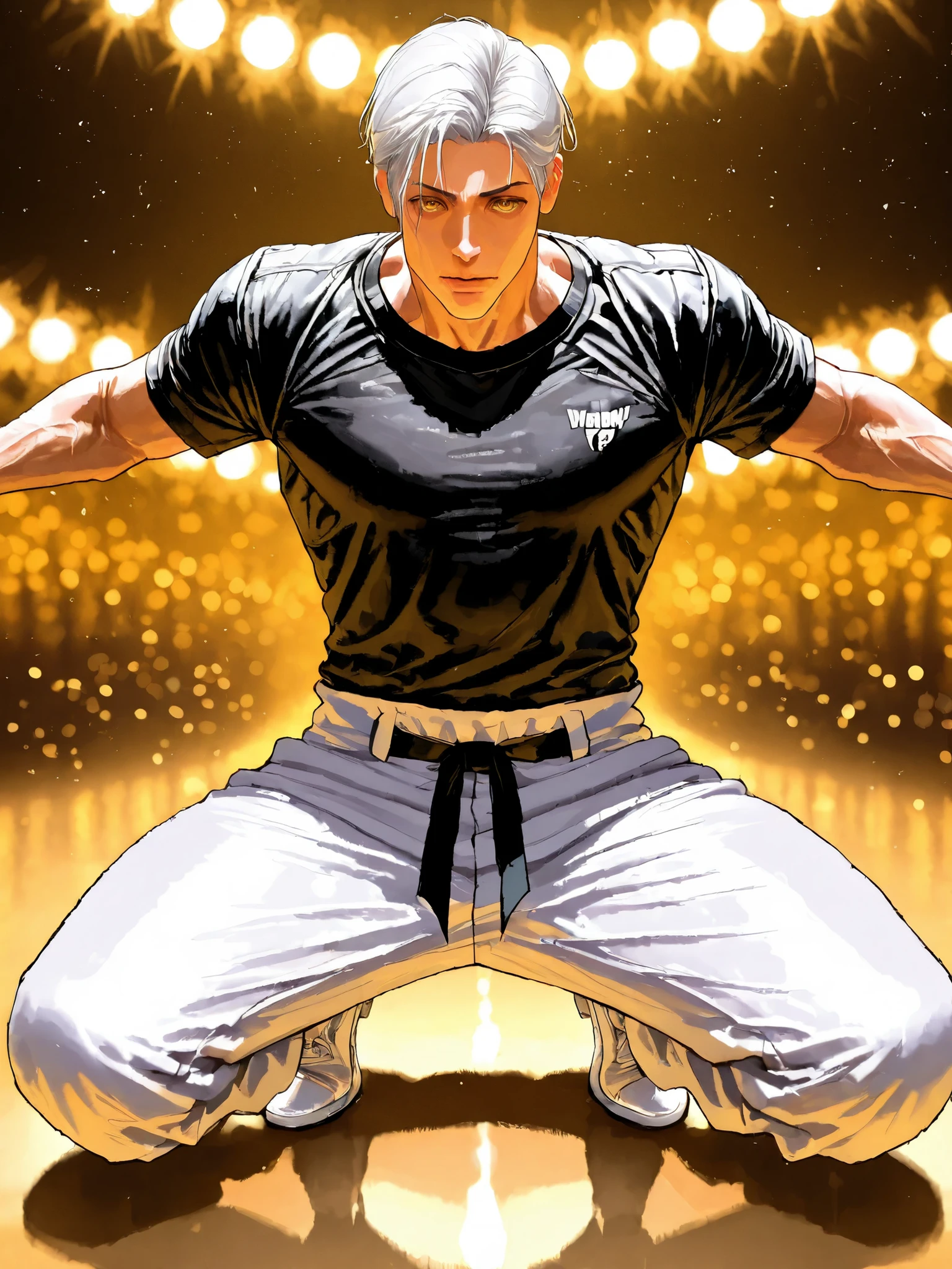 Jujutsu spinning toe , 18 years old, guy, 177cm, Black Chewy Neck Polar Revealing the Body, White uniform pants, Uniform Straps, Full Body High Definition,Masterpiece,Extremely detailed,Realistic,photorealistic,HDR,UHD,Studio Lighting,Ultra Detailed Description,Professional ,vivid color,Bokeh Young Male Figure, golden eyes, short white hair, Natural expression, 177cm tall, Muscular physique, Black Fitness Top, White Uniform Bottoms, Dowry Waistband, Full Body Shot Shadow Background in a Golden Landscape, bright lights, Deep Depth of Field, Intense Saturation and Contrast
