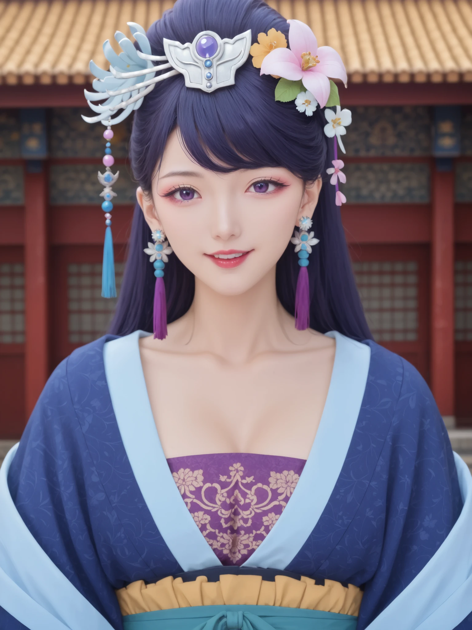 ((((masterpiece)))), Highest Quality, 1 girl, solo,big ,big butt,Li Hua ,The Apothecary Diaries,Pear Blossom妃,Pear Blossom , long hair, PURPLE EYES, purple hair, Flower, earring, hair Flower, makeup, lipstick,Disconnect, jewelry, Chinese clothes, Hanhu ,complicated_details_4xl size,sensual,Beautiful Attention to Details:1.2, (Perfect Hand, perfect anatomy), super detail, beautiful face,Ruined Town,throw,,blurry background,sexy pose,Disconnect,Laughing,Play,,Smile,,Closeup Face:1.8
