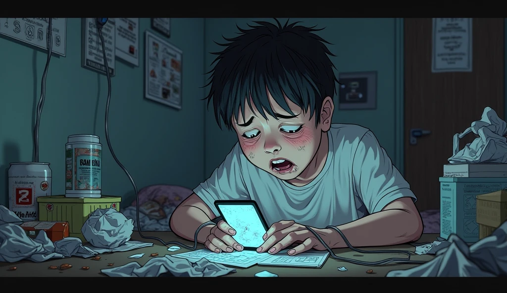 A boy in the room sitting in a chair hungry looking at the computer ( dark surroundings )