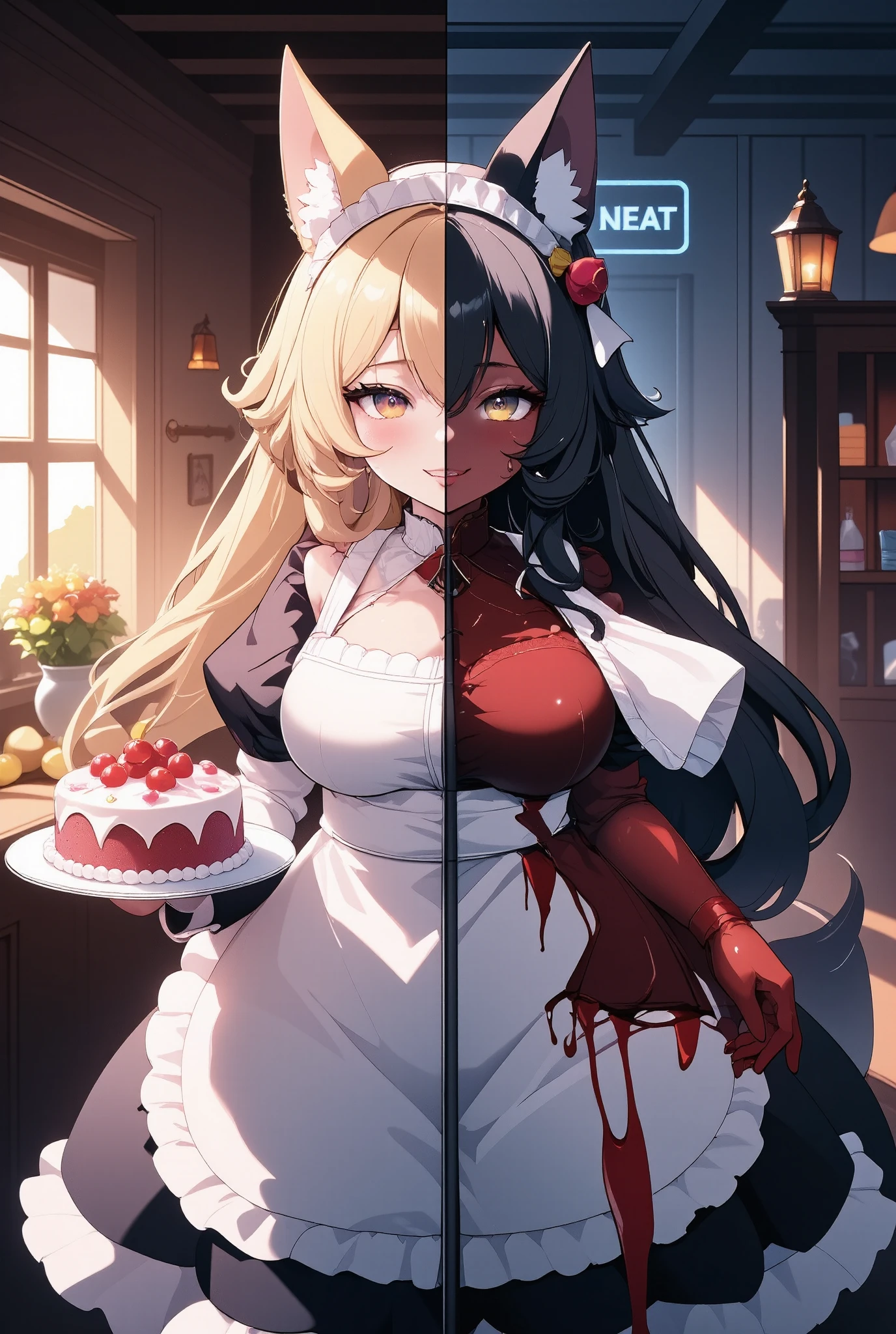 On the left is a cheerful confectioner wearing a white apron and hat and holding a beautifully decorated cake in a warm kitchen,On the right is a wolf transformed into a ruthless woman wearing a bloody apron,This composition is、The essence of twins is clearly separated by the contrast between warm kitchen lighting and the dark and dangerous atmosphere。