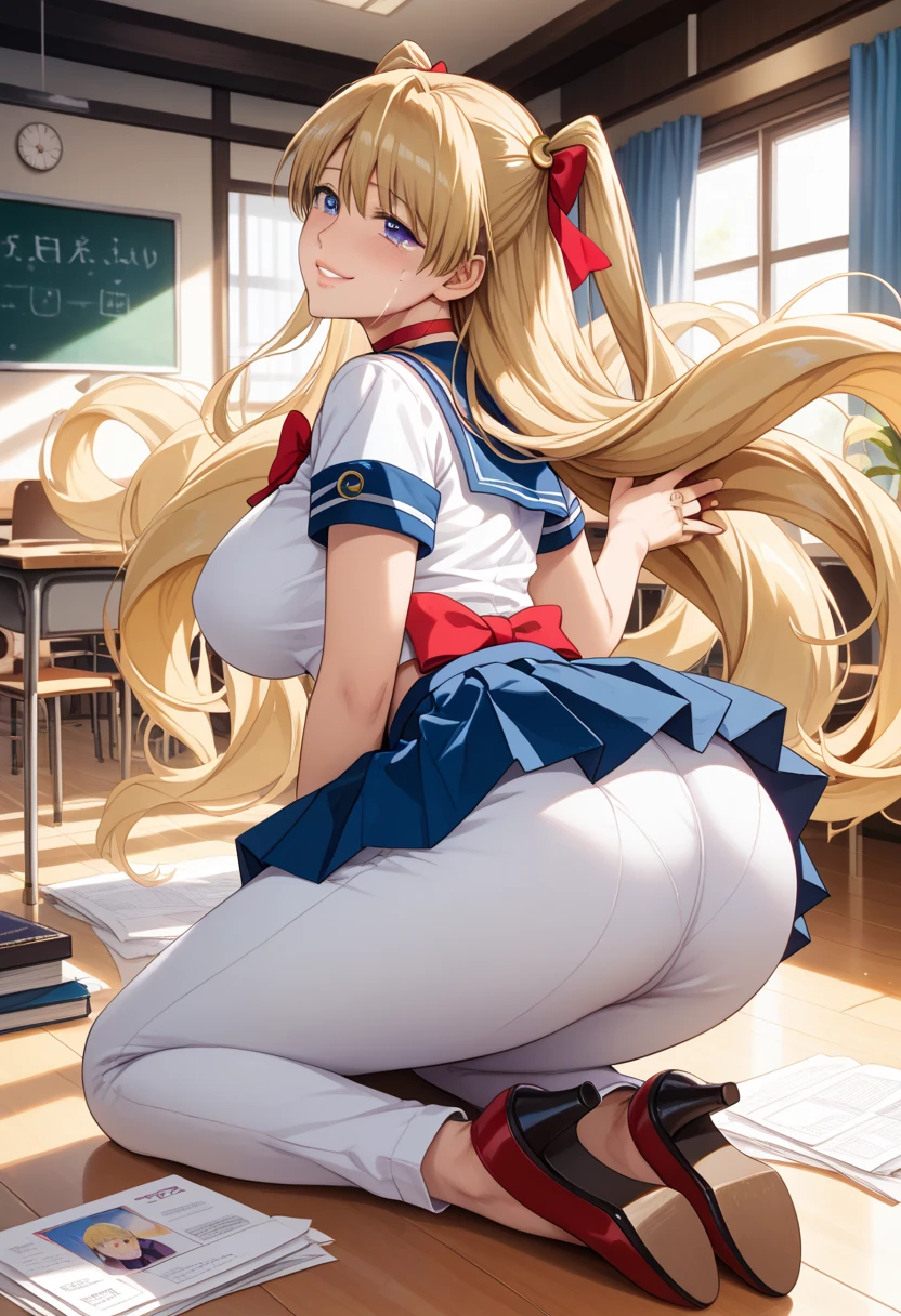 (masterpiece, best quality:1.2), highres, sitting, cafe, window, table, food, sunlight, shimakaze, blonde hair, striped thighhighs, microskirt, elbow gloves, sailor collar, anchor hair ornament, highleg panties, black panties, robot, turret, hyper detailed, dynamic angle, beatlful detailed, reflective hair, good lighting, ray tracing, depth of field, ultra-detailed, illustration, Amazing, fine detail, extremely detailed, from behind, window walking, ass