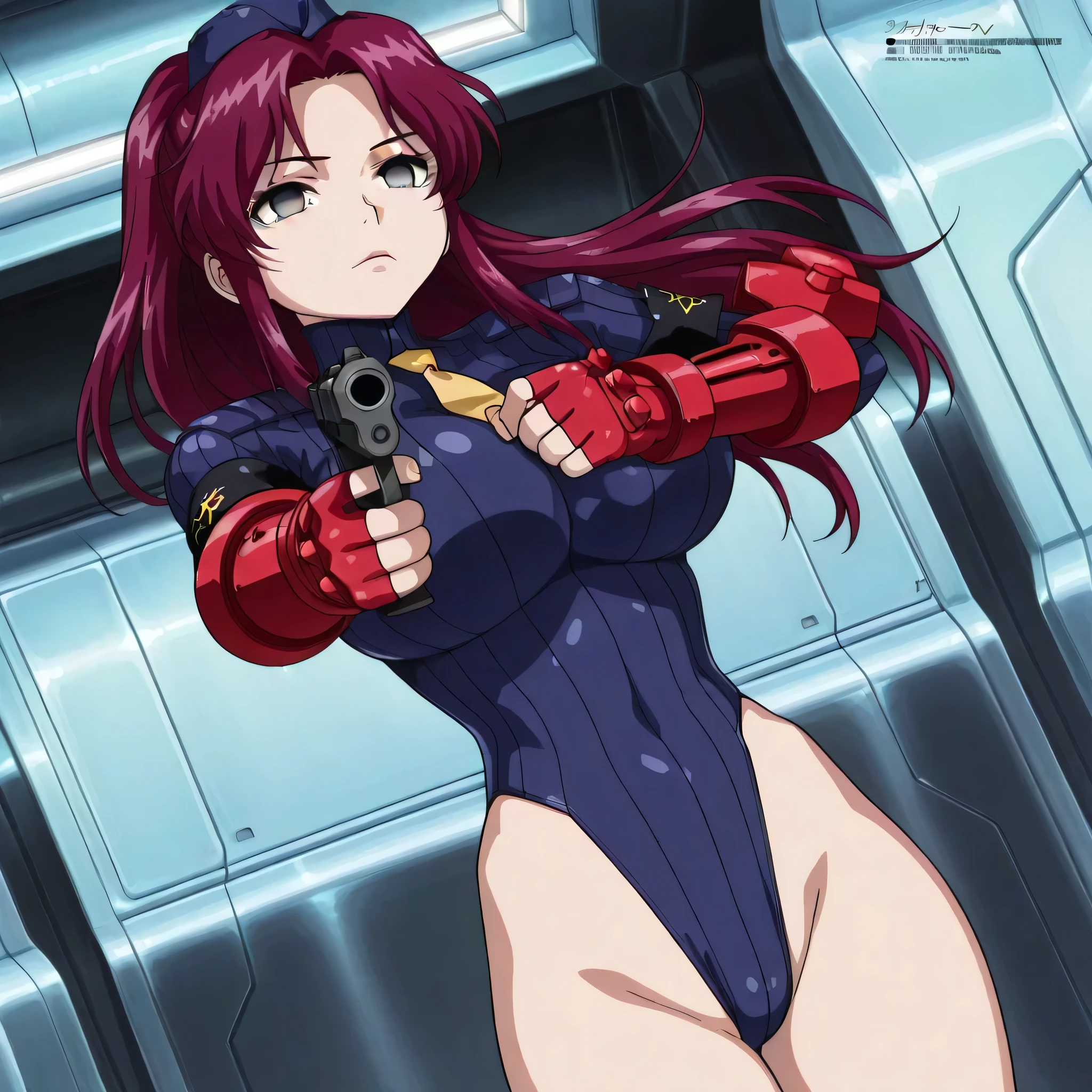 masterpiece, highest quality, High resolution, 4k, 8k, (1980s \(style\):1.1), cowboy shot, ((Dirty Pear Kay)), alone, 1 girl, tan, tanLINES, smile, looking at the viewer, put your hands on your hips, head band, uniform, crop top , ray gun folder on waist, (Hold the gun, cyber punk, On the left hand), face-to-face audience, looking at the viewer, 