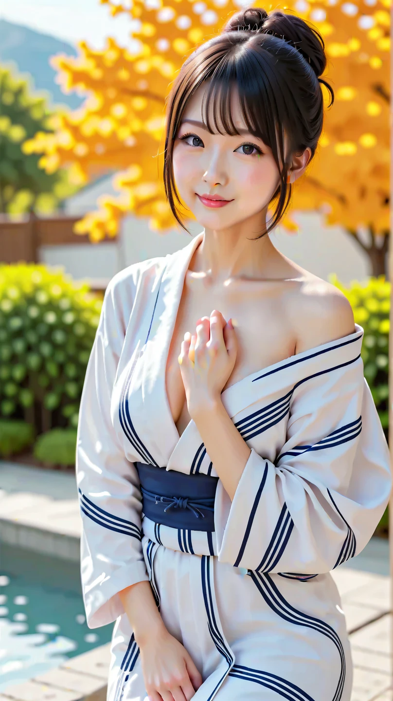 masterpiece, Highest quality,16K, Ultra-high resolution,The light and shadow of reality,Cinema Lenses,((Very skinny)),((Beautiful, firm and shapely breasts)),((Her waist is so slim and beautiful)),((High nose、Small Mouth)),((Clean and slim face line)),((Big dark eyes with long eyelashes)),((Very small face))((Very slim and beautiful arms)),((She is very slim and has a great figure)),((Pure white beautiful skin)),((Cute Japanese Girls)),(((Pink colorful clothes、yukata))),((Sitting on a bench in a stylish cafe)),(Beautiful Eyes:1.1),Reflecting clear eyes and a gentle smile,
